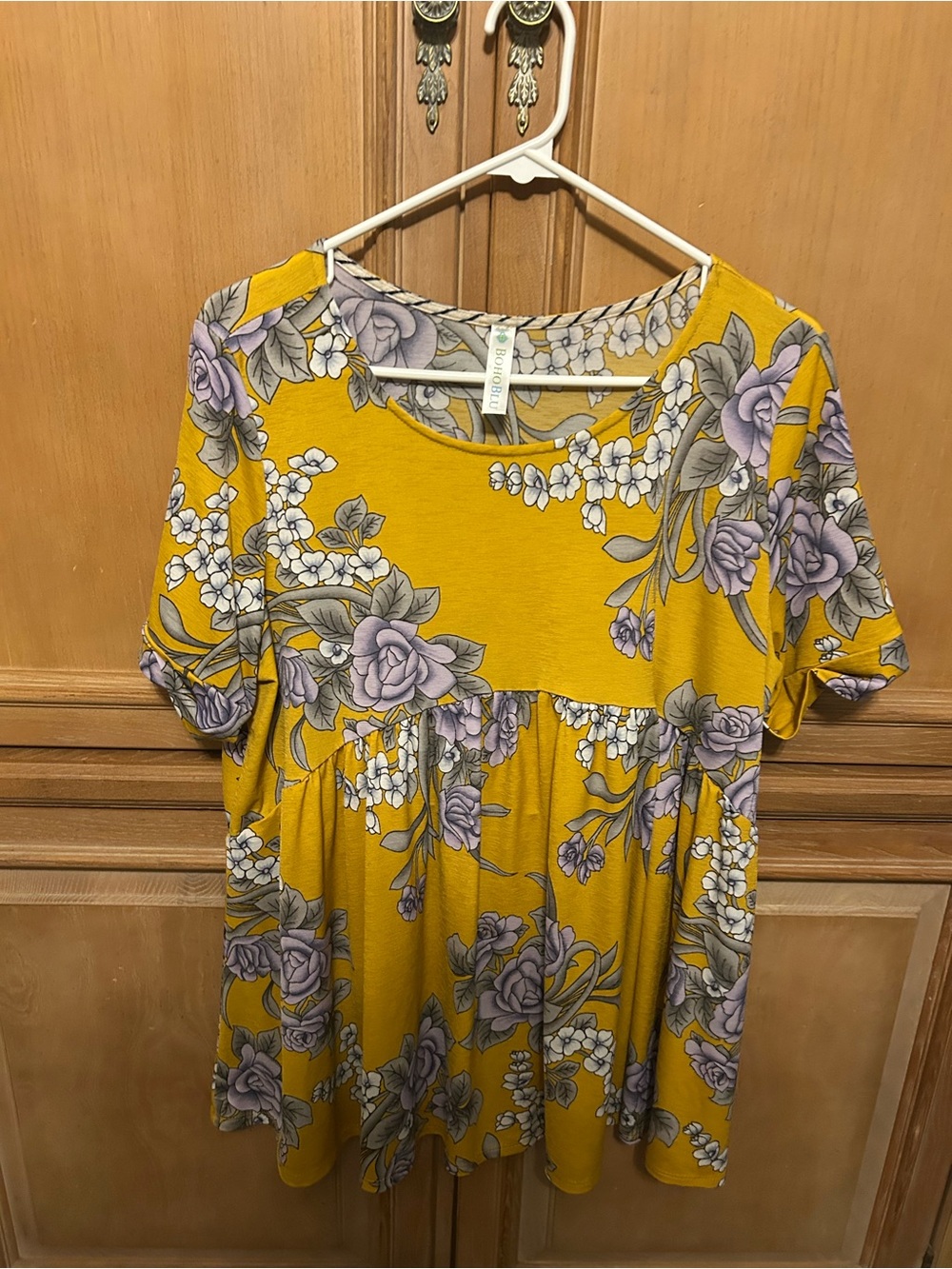 Floral Short-Sleeve Babydoll Top - Mustard with Lavender Bloom